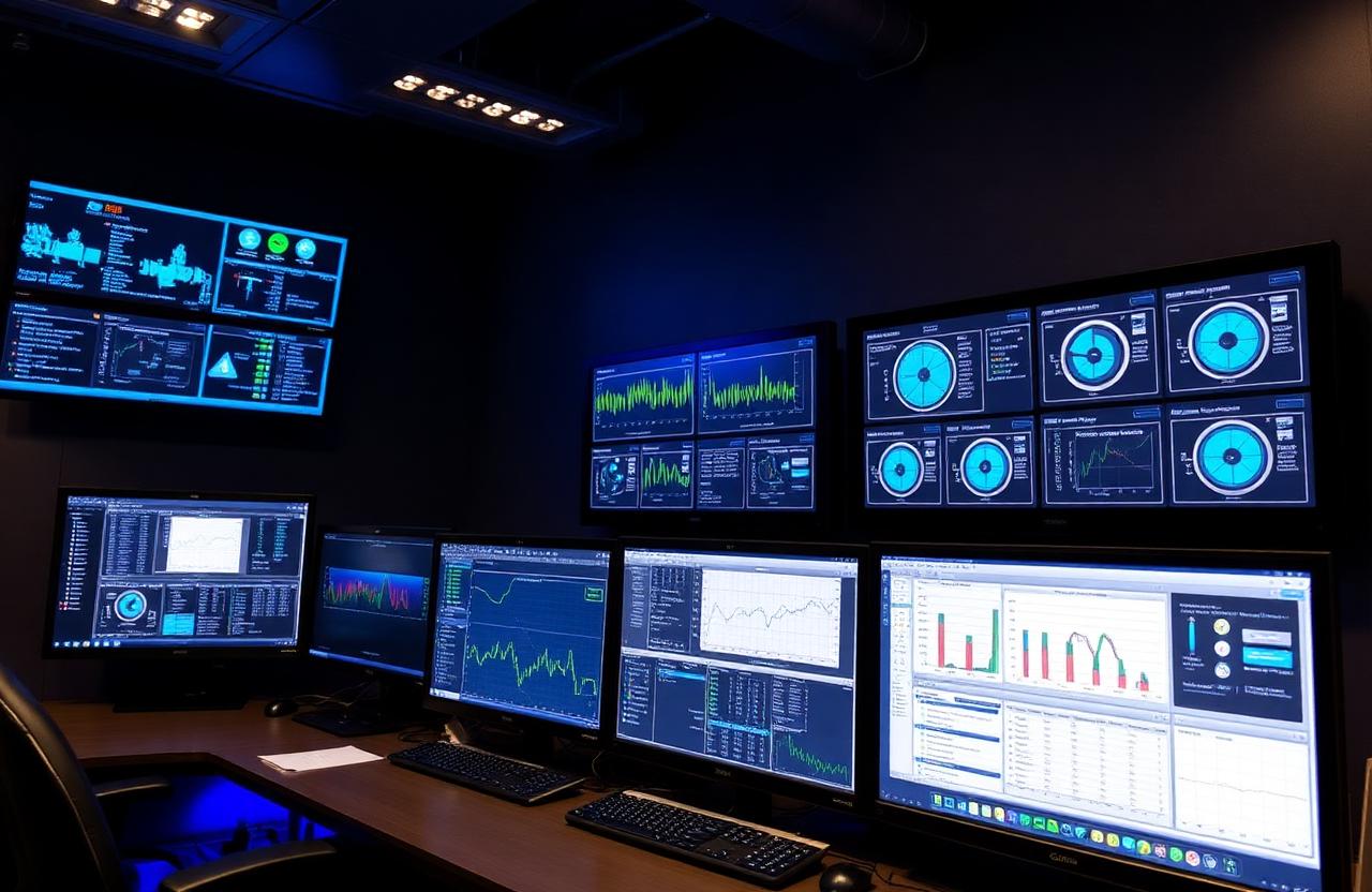SCADA control room with multiple monitors showing water and wastewater pump dashboards