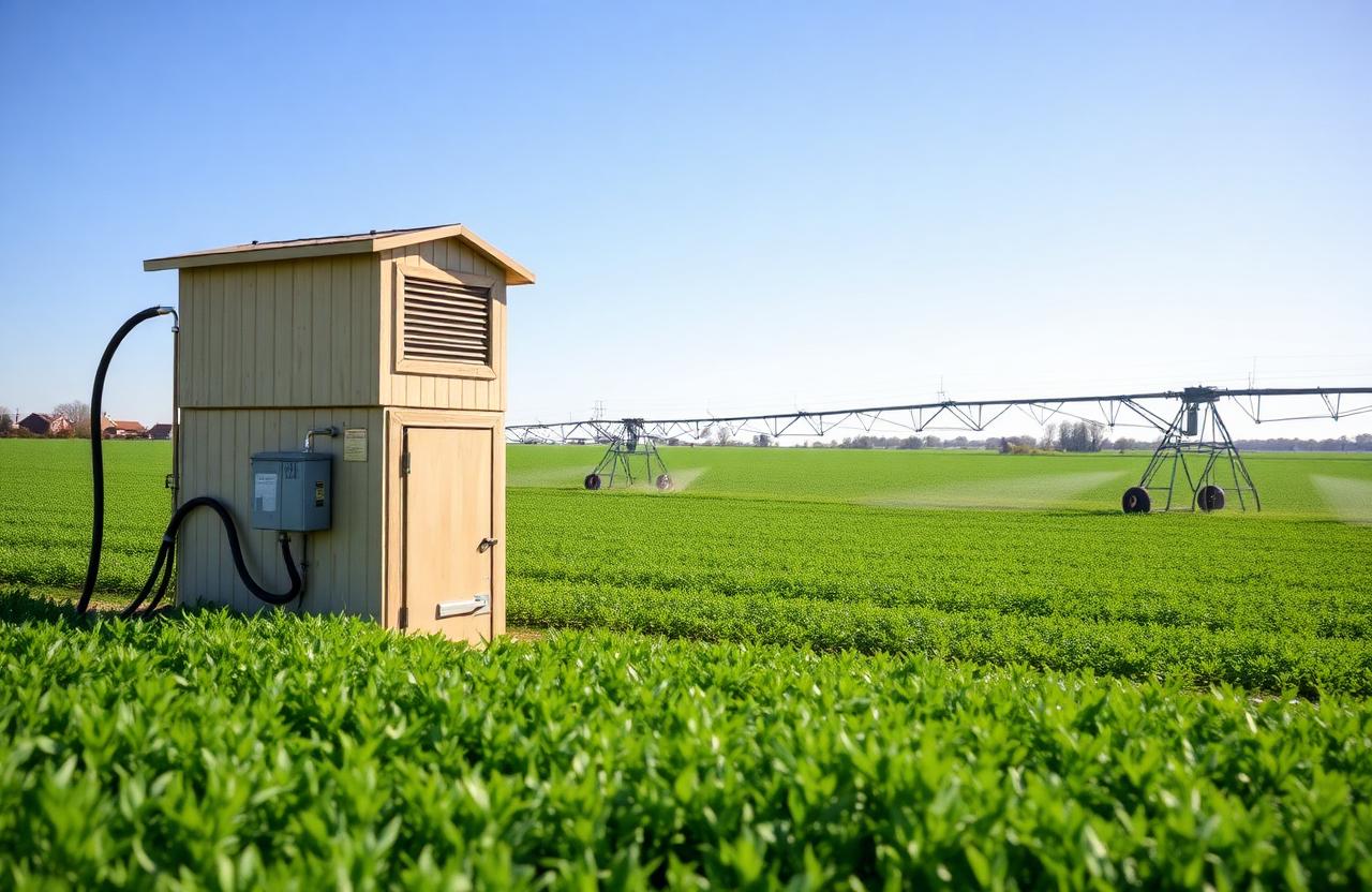 Agricultural irrigation pump house with center pivot in a green farm field