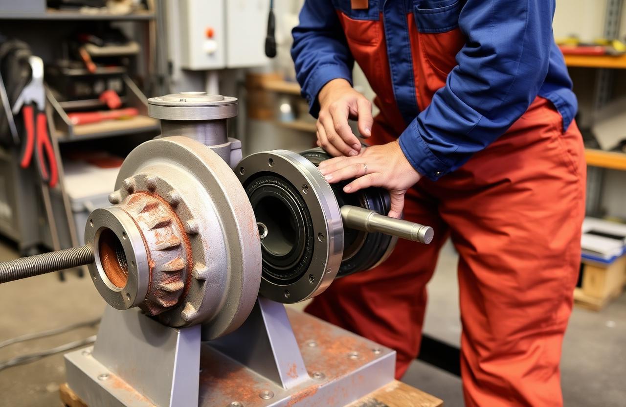 Engineer performing mechanical seal replacement on a horizontal centrifugal pump