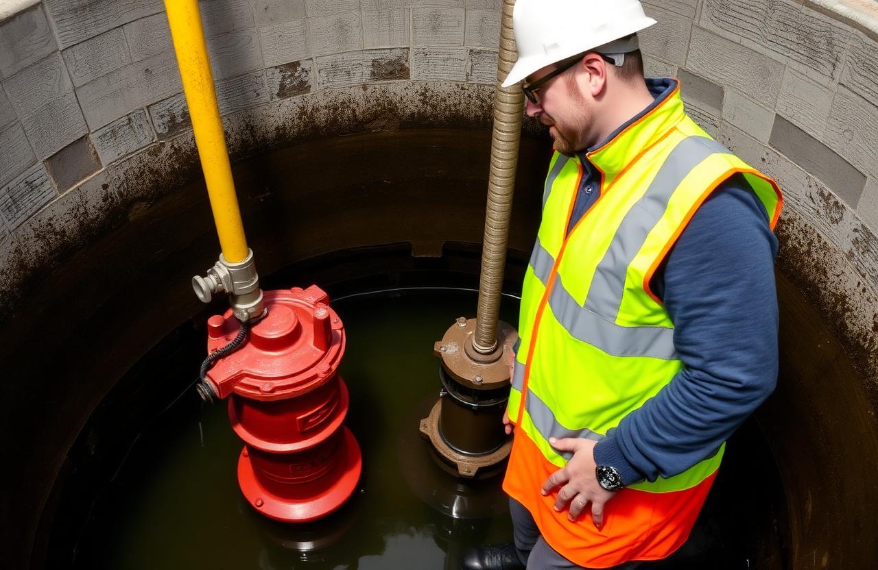 Technician in safety vest inspecting submersible pumps inside a wastewater lift station wet well
