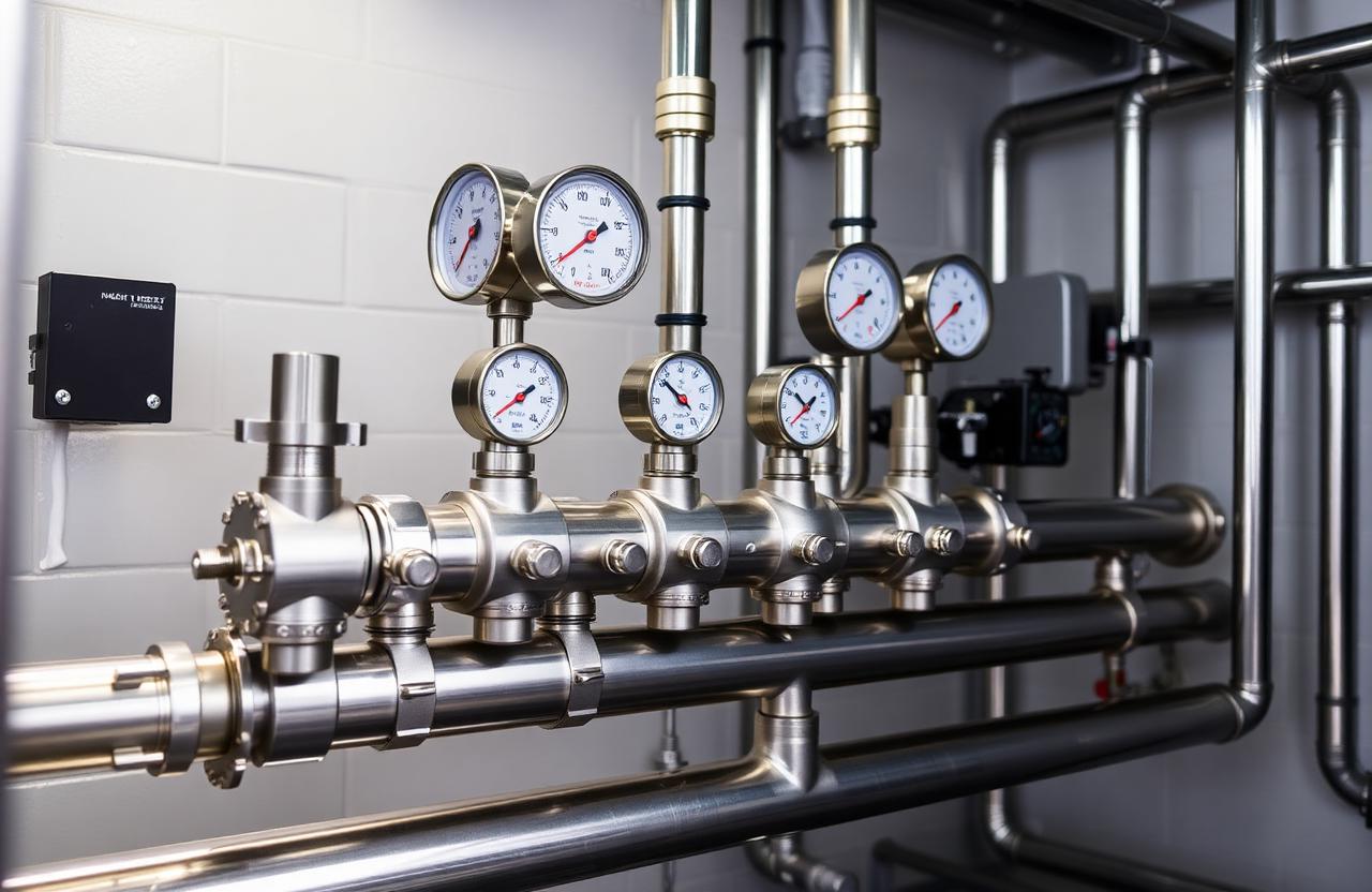 Stainless steel manifold piping and pressure gauges inside a packaged water booster station