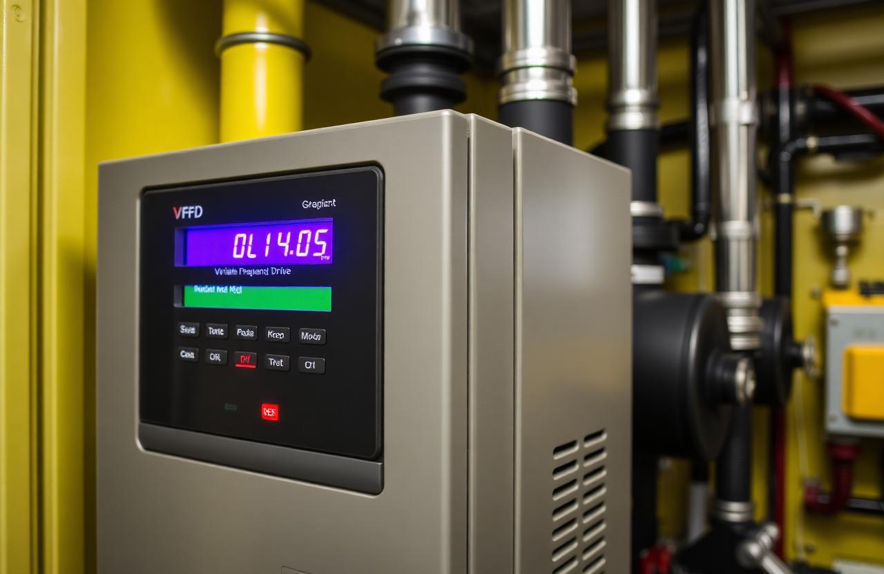 Variable frequency drive cabinet with illuminated readout inside a pump station